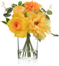 WELL KNOWN Artificial Flowers in Glass Vase with Fake Water, Silk Peony Rose Flower Bouquet for Home Dinning Tea Table, Office Desktop, Hotel, Wedding, Party, Lavatory Decor & Gift (Yellow & Orange)