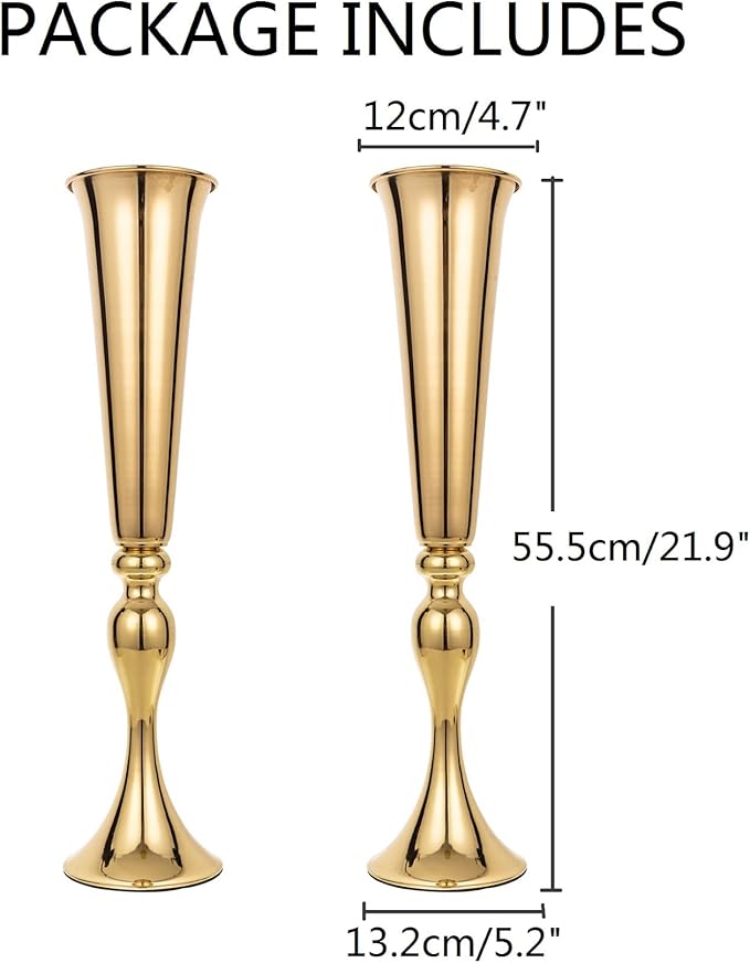 Set of 2 Metal Trumpet Vases for Table Centerpieces, Anniversary Celebration Wedding Party Dinner Table Centerpieces, Wedding Decorations, 21.9"/55.5cm Gold Vases