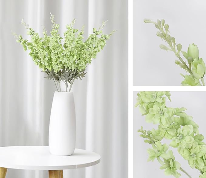 8PCS Delphinium Artificial Flowers Larkspur Fake Green Flowers 33.5in Long Stem Faux Silk Flowers for Tall Vases for Home Wedding Floral Arrangement Centerpiece Table Decorations (Light Green)