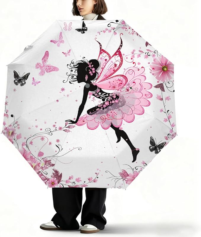 Windproof Travel Umbrella Pink Flower Butterfly Girls Compact Auto Open/Close Folding Umbrellas for Rain