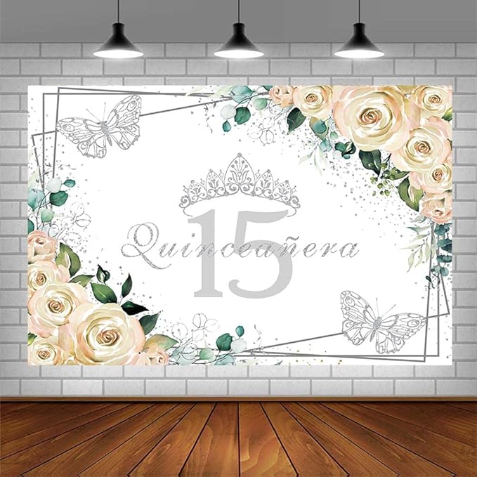 Sendy 7x5ft Quinceañera Backdrop Mis Quince 15 Anos Birthday Party Decorations Supplies for Girl Princess White Floral Silver Crown Butterfly Photography Background Banner Photo Booth Studio Props