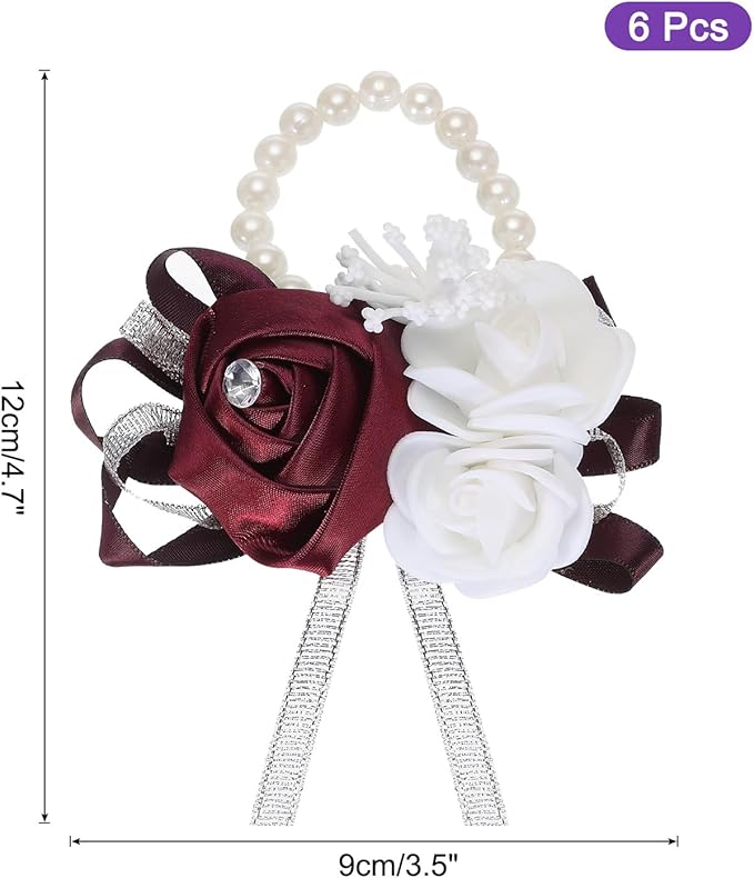 MECCANIXITY 6Pcs Wrist Corsage Artificial Flower Bracelets Rose Wrist Bride Groom Decorative for Wedding Ceremony Prom Party Anniversary Wine Red