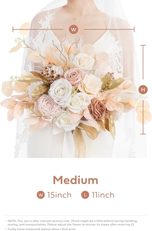 Ling's moment Boho Wedding Bouquets for Bride, White Beige and Gold Bridal Bouquets for Bride, 15 Inch Free Form Artificial Wedding Flower Bouquet