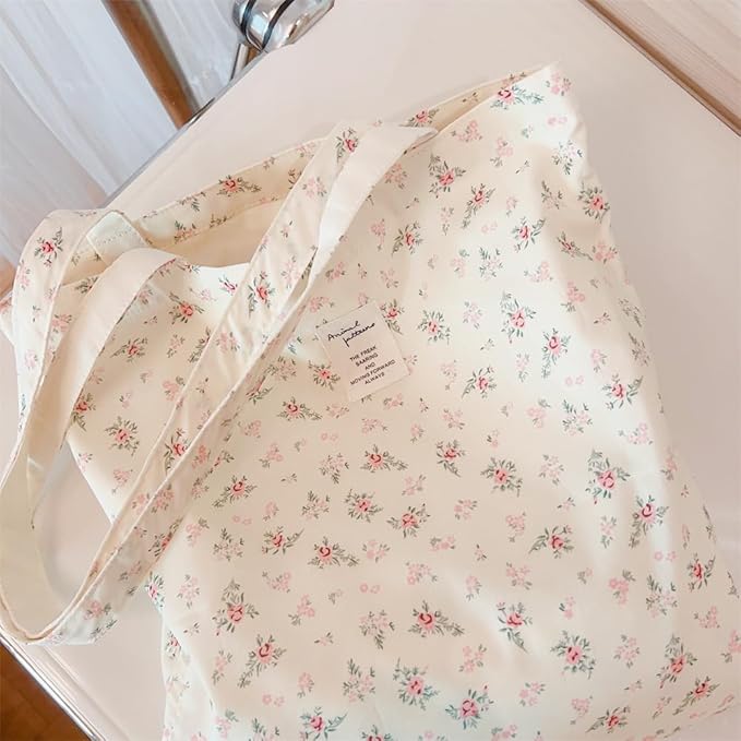 Cotton Canvas Tote Bag Reusable Soft Grocery Cloth Bag Floral Shoulder Bag for Beach Travel Shopping