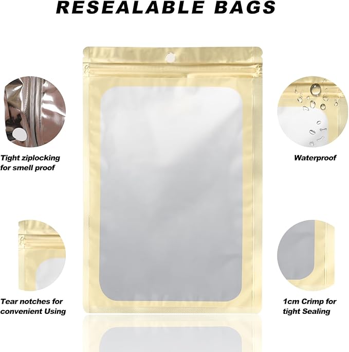 400 Pack 4 Size Bags with Clear Window,Scratch Resistant Hand Holographic Packaging Pouch,Resealable Bag for Small Bussiness Cookies Jewelry Candy Sample (Gold, 2.4×3.9,3x4.7,4×7,5.5×7.9 inch)