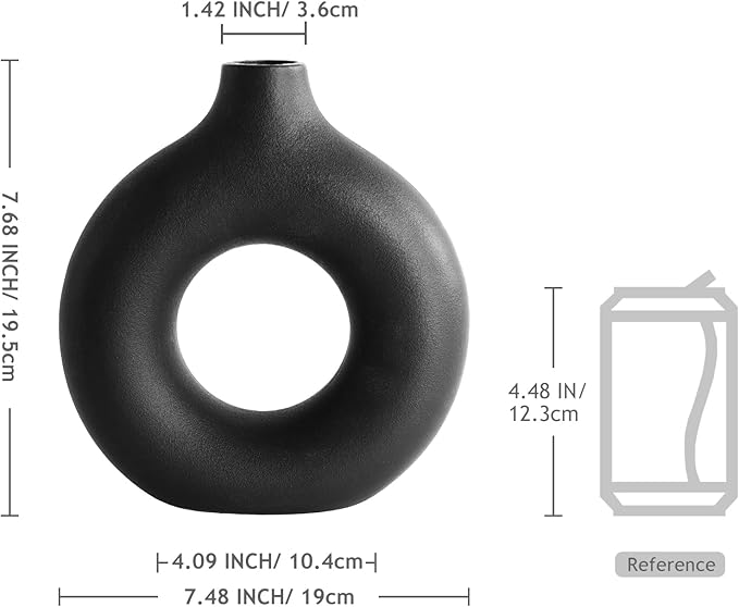 7.6 Inch Black Donut Vase for Pampas Grass, Modern Hollow Ceramic Vase for Table, Mantle, Minimalist Nordic Industrial Style Decorative Vase for Home Decor, Living Room, Farmhouse, Office