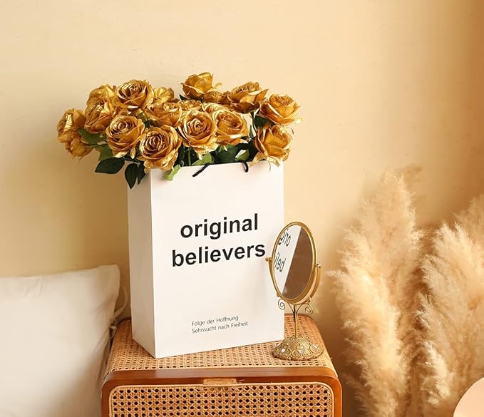 12 PCS Artificial Flowers Gold Roses Fake Silk Flower Long Stem Artificial Roses for Home Wendding Bathroom Party Decorations (Gold)