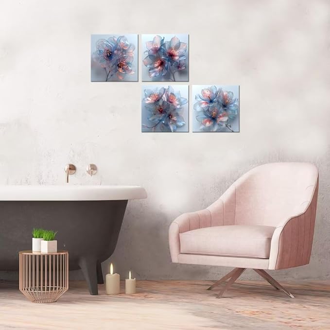 Pankila Abstract Flower Wall Art Blooming Flowers Pictures Canvas Prints Blue Pink Flower Wall Decor for Living Room Bedroom Bathroom Home Decorations Painting Framed Artwork (20''W x 20''H x 4)