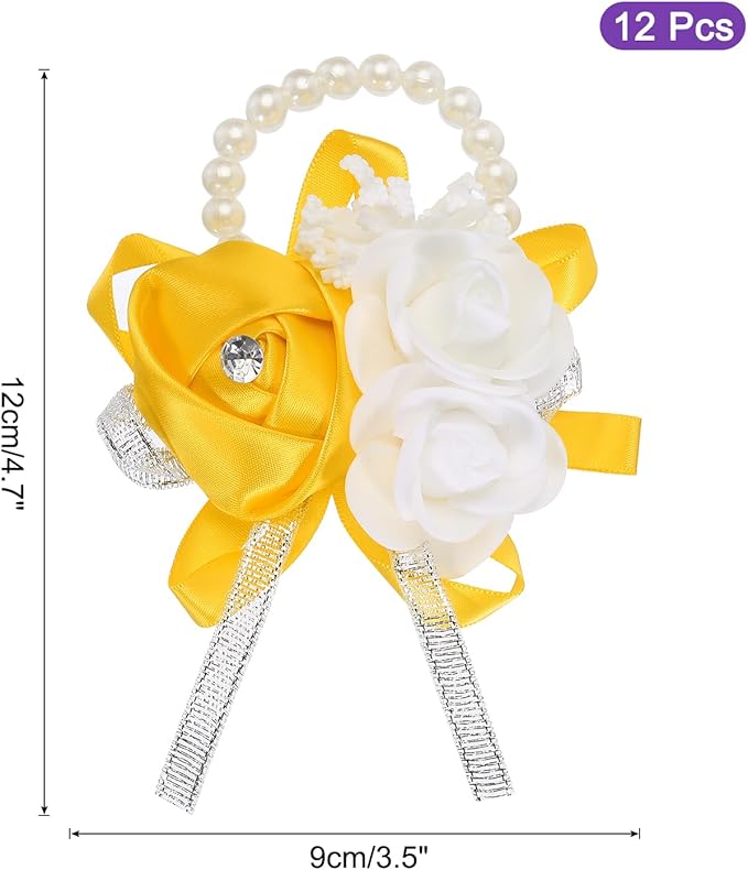 MECCANIXITY 12Pcs Wrist Corsage Artificial Flower Bracelets Rose Wrist Bride Groom Decorative for Wedding Ceremony Prom Party Anniversary Gold Tone