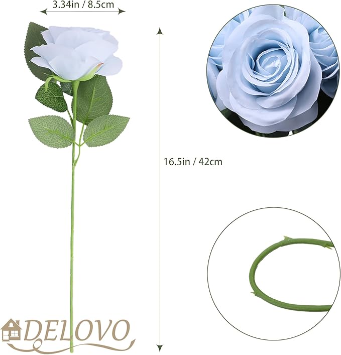 52pcs Light Blue Roses Artificial Flowers Fake Flowers Silk Roses with Stems for DIY Wedding Bouquets Bridal Shower Centerpieces Arrangements Party Decorations