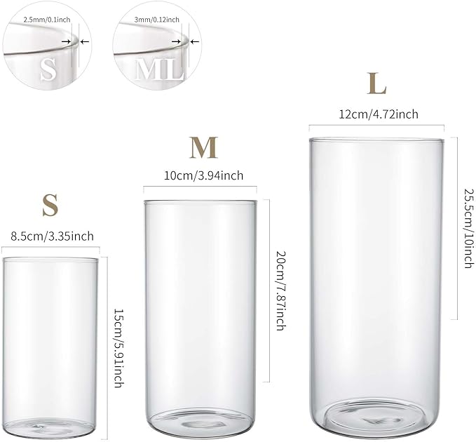 Hurricane Glass Candle Holder Clear Cylinder Vases, Pillar Candle Holders For Floating Candles Table Centerpiece Modern Glass Vases For Weeding Centerpieces Decoration Party Home Decor (2 Sets, S+M+L)