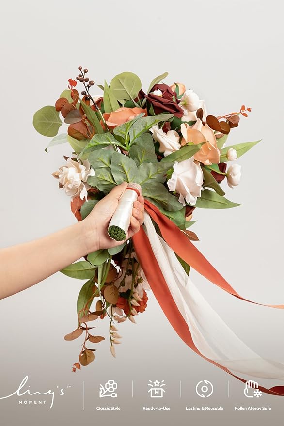 Ling's moment Terracotta Bridal Bouquet Cascading, Burnt Orange Wedding Bouquets for Bride, 13 Inch Bride Bouquets for Wedding Artificial Flowers Bouquets