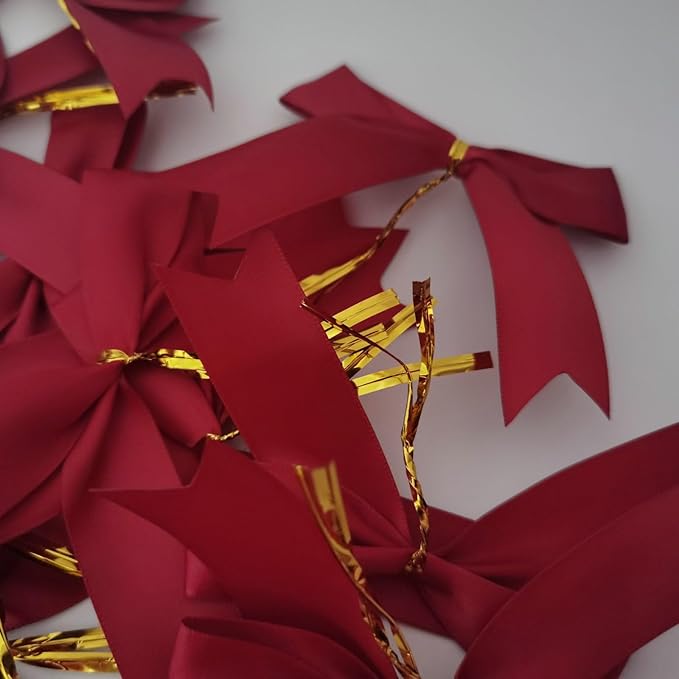 50pcs 3-1/2" Burgundy Twist Ties Satin Wine Color Bows with Twist Tie Bows Fish Tail Cutting(Burgundy)
