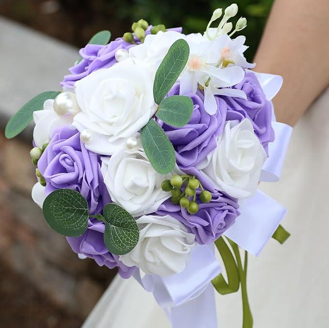 Lightweight Bridal Wedding Bouquet Round Holding Bouquet Throw Toss Artificial Rose Flower Bunch for Bride Bridesmaid Wedding Quinceanera (White & Mid Purple, 9.1")