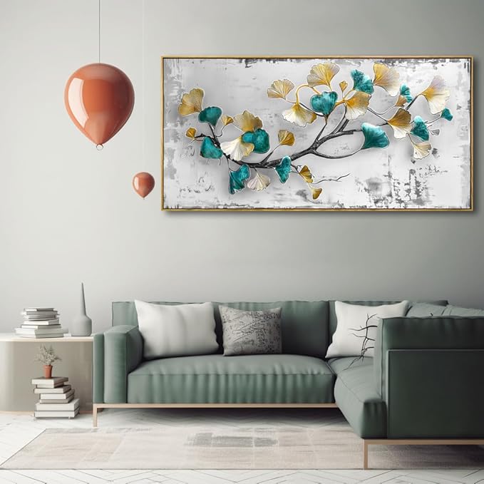 Wall Art Ginkgo Leaf Modern Botanical Artwork Canvas Painting for Living Room Bedroom Dining Room Home Office Decor 20"x40" with Framed