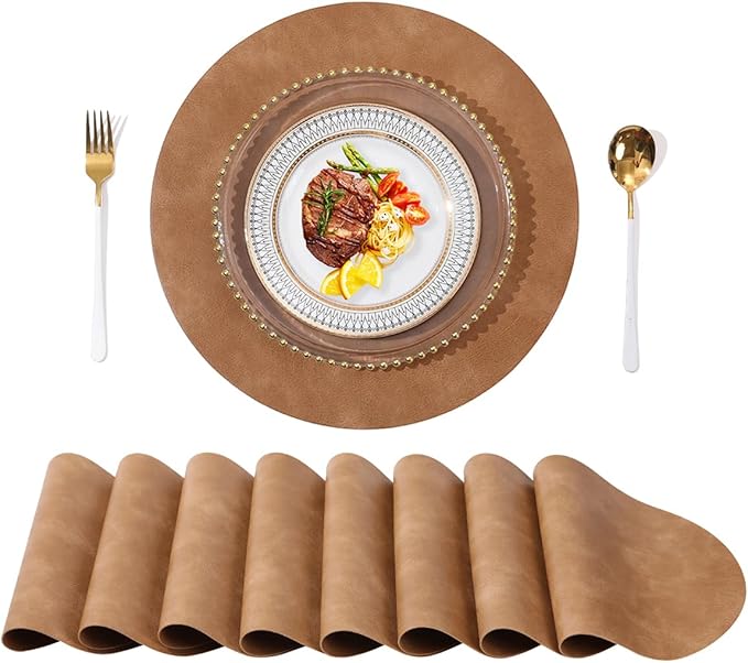 UnivoColors PU Leather Placemats Set of 8,15 Inches Round Washed Cowhide Pattern Table Mats for Dining Table, Kitchen, Party Decoration(Retro Camel)