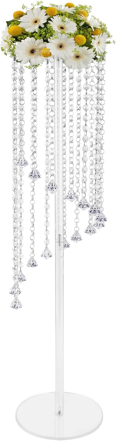 10 Pcs Acrylic Column Flower Stand with Chandelier Crystals, Clear Acrylic Tall Vases Fancy Metal Vase Stand for Weddings and Parties 7.87 x 7.87 x 31.5 Inch