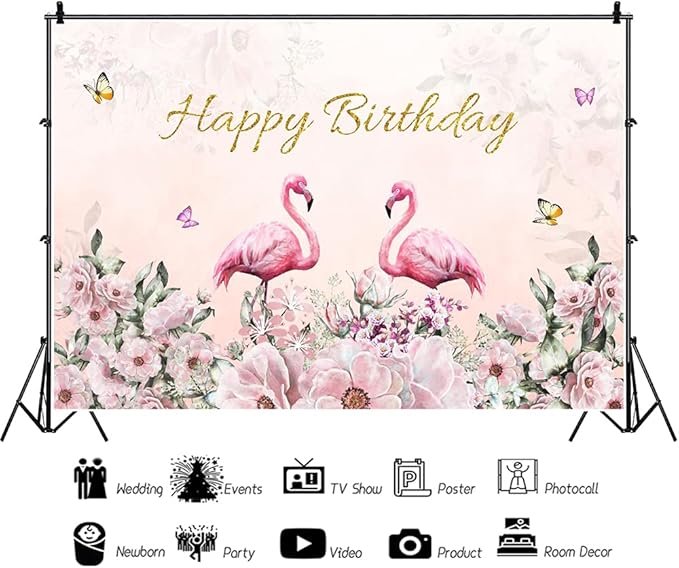 Renaiss 6x4ft Happy Birthday Backdrop Pink Flamingo Theme Birthday Party Photography Background for Girls Daughter Flower Butterfly Cake Table Banner Decor Studio Portrait Pink Photo Props