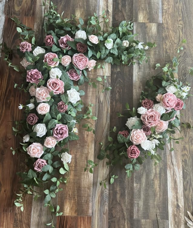 Wedding Arch Flowers with Drapes Kit (Pack of 5) - 2pcs Artificial Dusty Rose Deluxe Swag with 3pcs Hanging Sheer Drapes for Wedding Ceremony Arbor Reception Backdrop Rose Floral Decoration