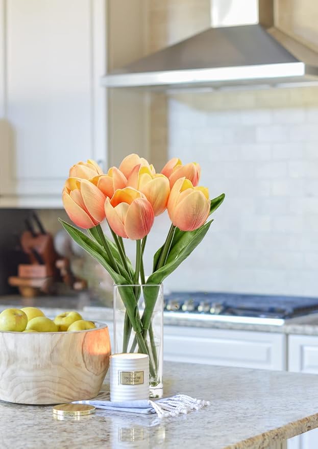 Briful Fake Flowers Artificial Tulip Flower Peach in Clear Vase, Real Touch Foam Tulip Arrangement Suitable for Home Office Decoration, Dining Table Centerpiece
