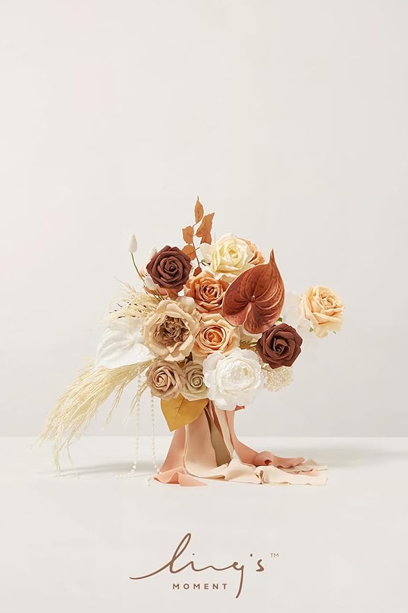 Ling's moment Wedding Artificial Flowers Package, Bridal Bouquet, Bridesmaid Bouquets, Boutonniere for Men, Rose Petals.Boho Dried Rustic Orange