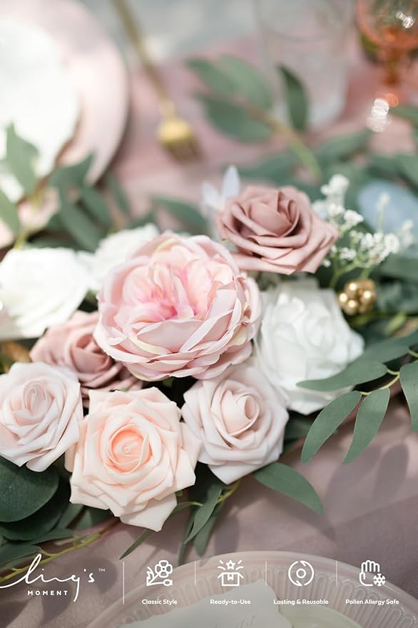 Ling's moment Flower Garland - 6FT Eucalyptus & Rose - Pink Sweetheart Table Decor for Wedding Reception, Artificial Floral Garland for Mantle, Thanksgiving, Christmas Decoration, Dusty Rose