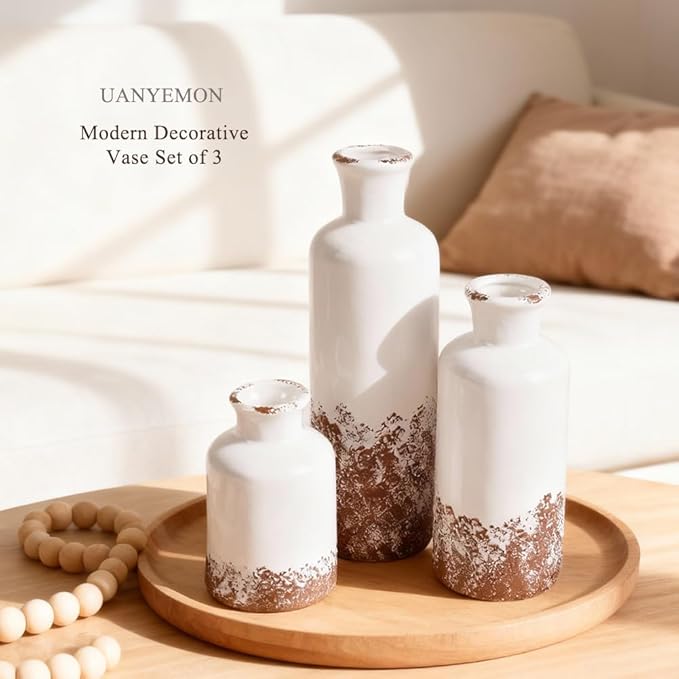 Ceramic Vase Set of 3 - Modern Decorative Vases for Home Decor, Rustic Farmhouse Boho Vases for Living Room, Mantel, Dining Table, Bookshelf, Kitchen or Entryway Decoration