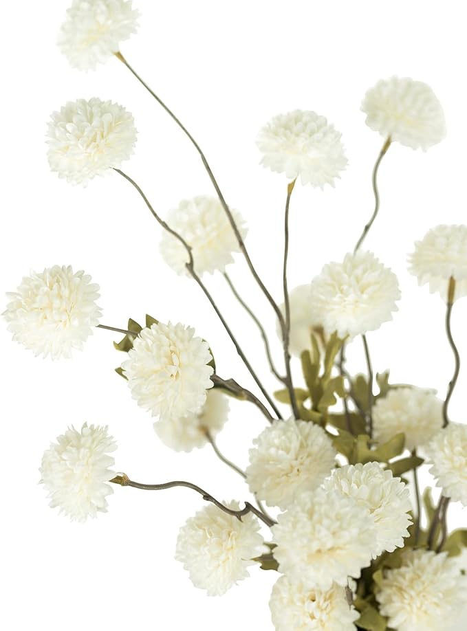 DuHouse 6pcs Artificial Flowers Faux Silk Pompon Mum,Artificial Kiku Flower White for DIY Wedding Bouquets Centerpieces Vase Home Table Kitchen Decorations(Ivory White)