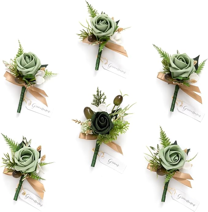 Ling's moment Boutonniere for Men, 6pcs Groom Groomsmen Boutonniere, Artificial Flowers for Wedding Decor/Prom/Homecoming, etc.Green Beige