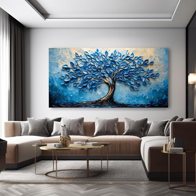 LAVIKARS Modern Tree of Life Wall Art for Living Room Office Navy Blue Abstract Oil Landscape Canvas Painting Prints Large Nature Artwork Home Kitchen Bedroom Decor (28x58 Inches)