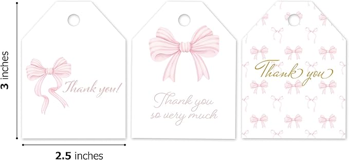 Pro Supply Global 24 Count of 2.5 Inch x 3 Inch Pre Strung Pink Bows Gift Tag Assorted Printed Designs on Large Cardstock Gift Hang Tags - Ideal to Use on Bags
