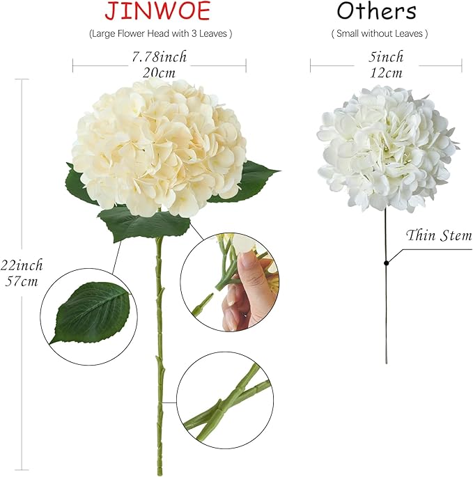 Boho Silk Hydrangea Artificial Flowers, 4Pcs 22" Large Lifelike Flowers,Artificial Hydrangeas for Indoor Bouquet Table Centerpieces Home（Cream/Yellow）