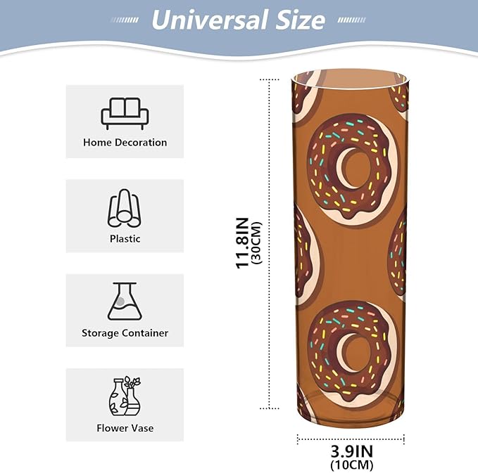 Donut Sprinkles Pattern Cylinder Plastic Flower Vase, 11.8" Tall and 3.9" Dia, Non-breakable Vases, Home Decoration, Flower Vases for Table Centerpiece, Party, Wedding
