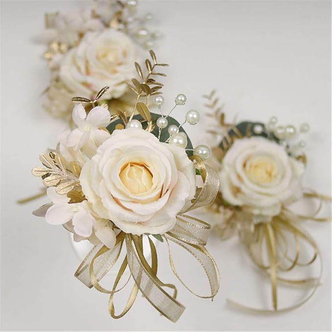 USIX 2pc Pack-Handmade Men's Lapel Pin Champagne Ivory Rose with Gold Leaves Ribbons Artificial Pearls Boutonniere Pin for Suit Wedding Groom Groomsmen Brooch Rose Boutonniere (Boutonniere)