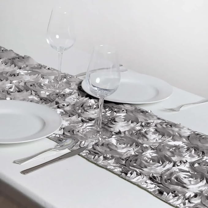 Efavormart Wonderland Rosette Premium Table Runners for Weddings Party Banquets Decor Fit Rectangle and Round Table - Silver