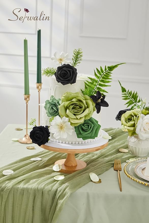 Serwalin Green Artificial Flowers, Black Silk Fake Flowers Greenery Stems for DIY Wedding Bridal Bouquets, Wedding Cake Flowers for Table Centerpieces Baby Shower Birthday Party Home Decorations