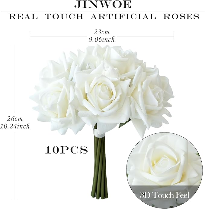 White Flowers Roses Artificial Flowers, 10pcs Soft Real Touch Silk Artificial Roses Stems, Lifelike Faux Rose for Wedding Table Centerpieces Party Home Decoration