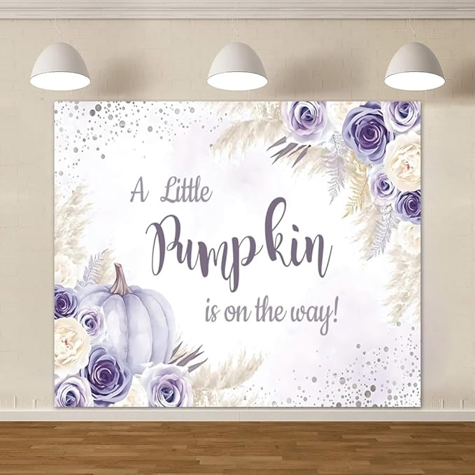 Little Pumpkin Baby Shower Backdrops 10x8ft, A Sweet Little Pumpkin is On The Way Purple Floral Photography Background, Baby Shower Baby Birthday Backdrop Decoration Banner