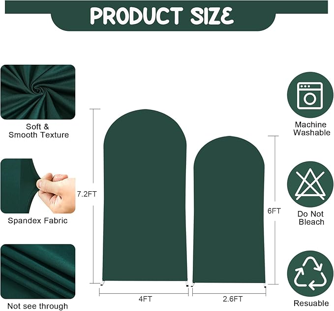 Hunter Green Arch Backdrop Covers - 7.2FT, 6FT Spandex Fitted Wedding Arch Stand Covers Round Top Chiara Stretchy Arch Backdrop Cover for Christmas Wedding Birthday Party Decoration