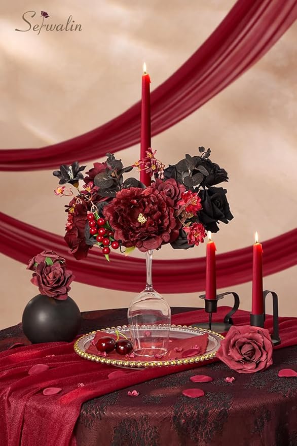 Serwalin Burgundy Black Artificial Flowers, Fake Silk Flowers for DIY Wedding Bridal Bouquet, Wedding Cake Flowers for Table Centerpieces Floral Arrangements Party Home Decorations