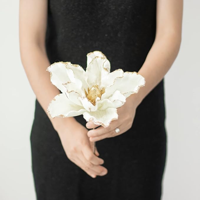 KI Store Christmas Tree Poinsettia Flower Cream White Velvet Magnolia Artificial Floral Ornaments Pack of 6 for Christmas Tree Decoration Wedding Centerpiece