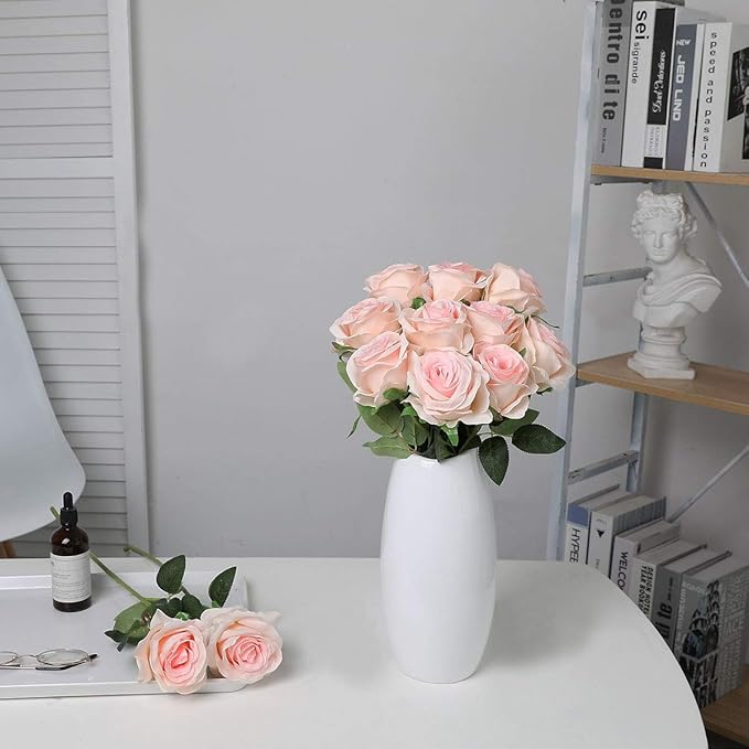 Nubry Artificial Silk Rose Flower Bouquet Lifelike Fake Rose for Wedding Home Party Decoration Event Gift 10pcs (Light Pink)