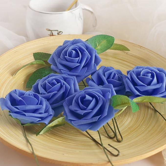 homEdge Artificial Rose, 25pcs Foam Artificial Flowers with Stem for Home Decorations, Wedding Bouquets, Party, Certerpieces, Anniversaries-Royal Blue