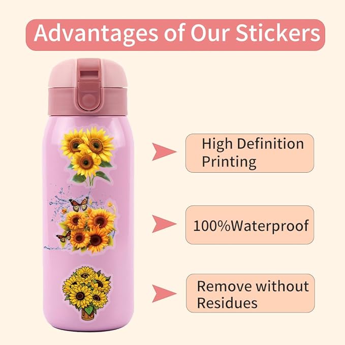 60 Pcs Sunflower Stickers, Transparent Waterproof Vinyl Decals, Aesthetic Floral Stickers for Journaling, Scrapbooking, Laptop, Water Bottle, Phone Case, Summer & Happy Theme Decoration
