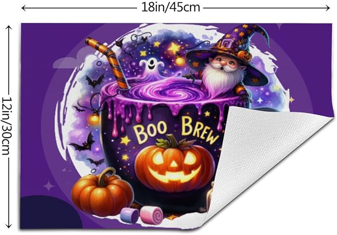 PVC Placemats Set of 6 Wipeable Table Mats Washable Heat Resistant Non Slip Vinyl Dining Table Mat for Kitchen Indoor Outdoor Patio Farmhouse Place Mats Purple Halloween Magic Cauldron Decorative