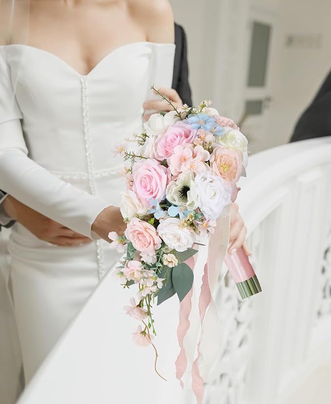 Blush Pink Wedding Bouquets for Bride,10 Inch Fake Cascading Bridal Bouquet Silk Faux Flowers for Ceremony Anniversary Wedding Bridal Shower(Light Pink)