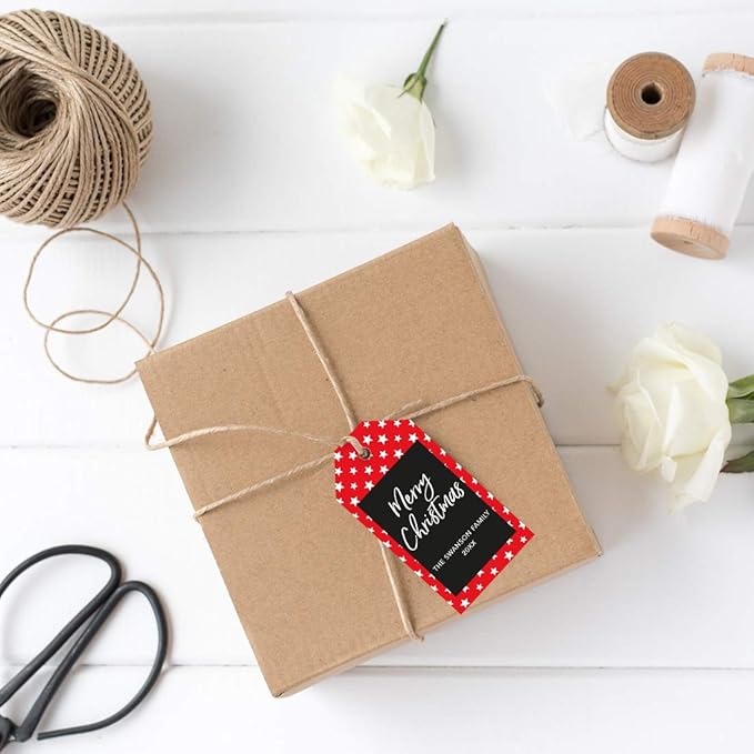 Andaz Press Personalized Christmas Holiday Season Classic Gift Tags, Merry Christmas Custom Family Name and Year, Red with White Stars Design, for Holiday Events, Parties, and Favors, 60-Pack