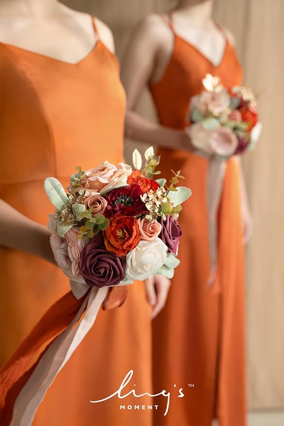 Ling's moment Artificial Flowers Burnt Orange Bridesmaid Bouquet Set of 4, Wedding Flowers Bouquets for Bridesmaids, 7 Inch Bridal Bouquets for Bridesmaids, Wedding, etc