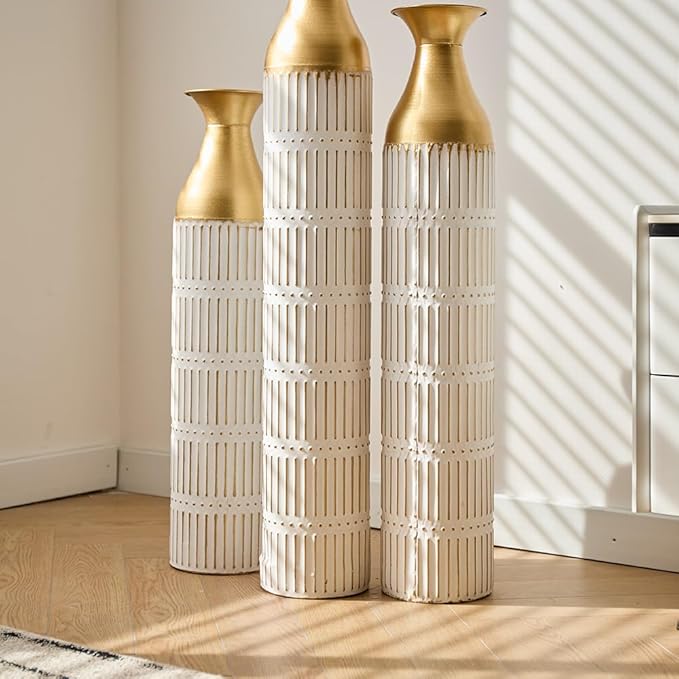 Floor Oversized Gold Metal Decorative Vase with 3D Triangle Pattern Set of 3 Large Vases for Home Living Room 33.5 ", 29.5 ", 25.2" High (Retro White)