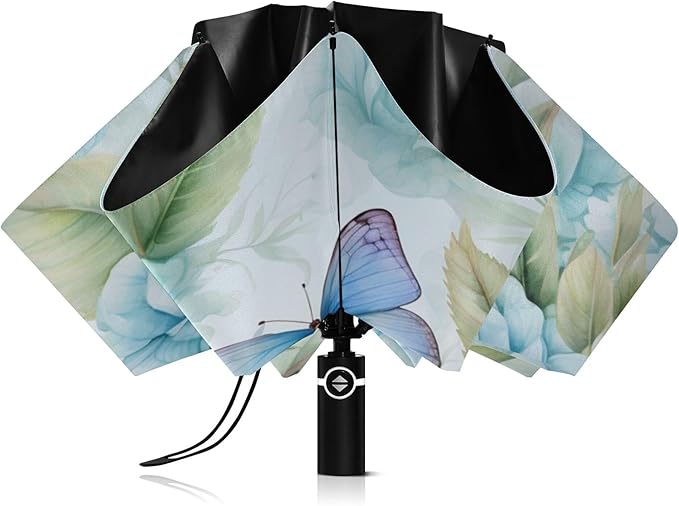 Automatic Folding Umbrella Windproof Strong, UV Protection Compact Floral Hydrangea Hummingbird Sun Rain Sun Rain Travel Umbrellas for Women Men